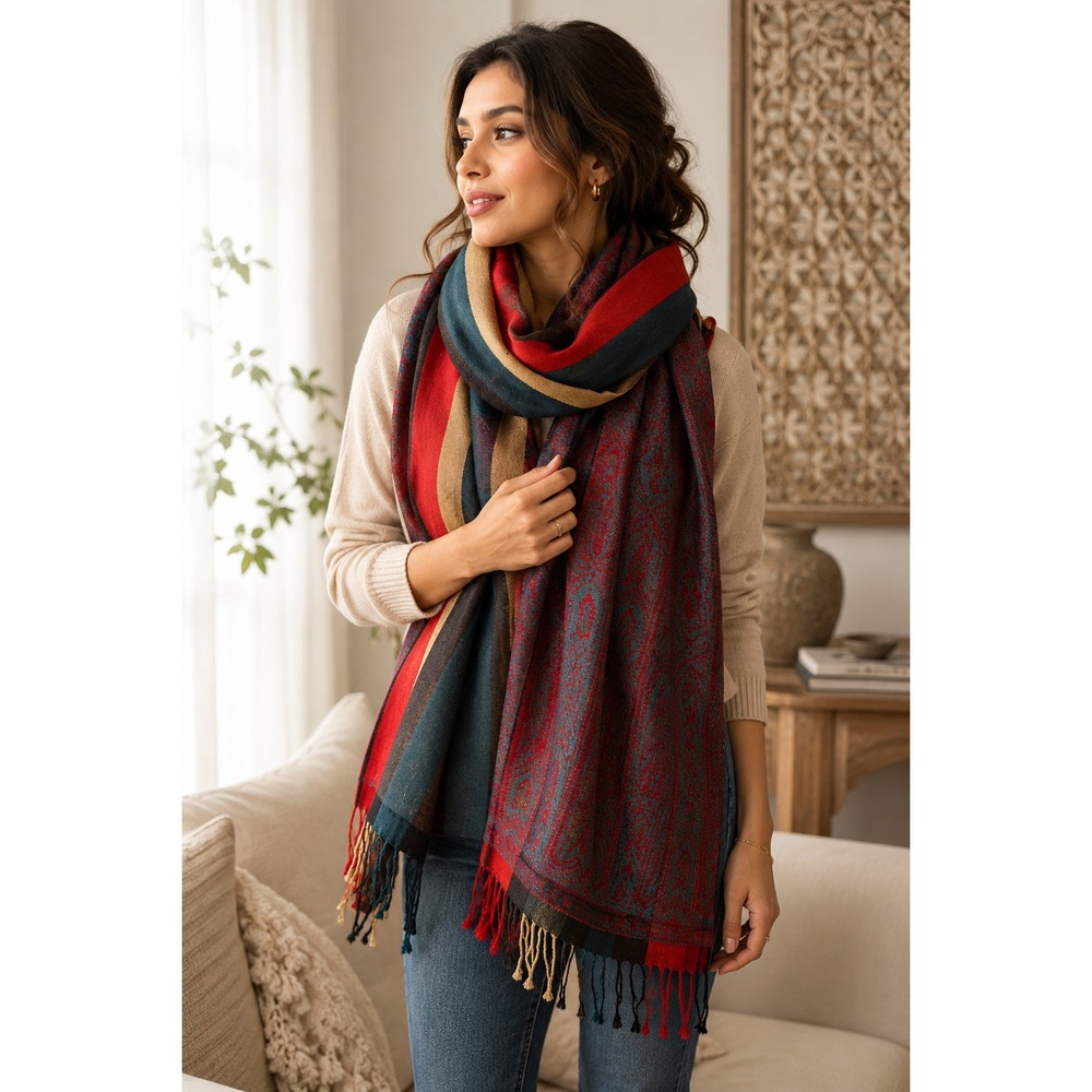 Pashmina‎ Silk Blend Scarf Reversible Paisley Striped Fringed Wrap Red Bronze